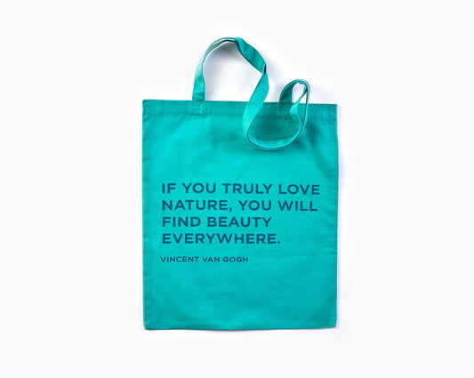 canvas tote with quote "if you truly love nature, you will find beauty everywhere,"